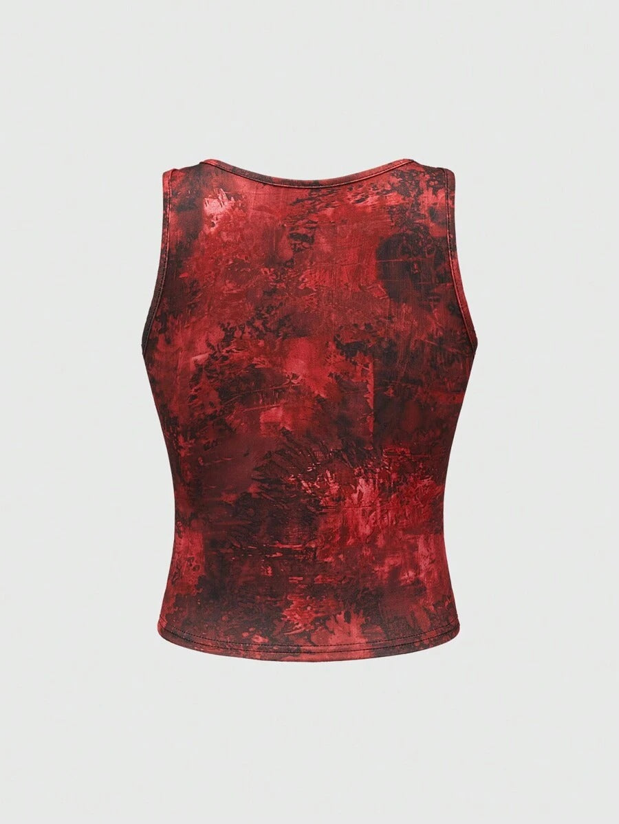 ROMWE Grunge Punk Camiseta sin mangas punk con diseño anudado teñido y estampado de ojos negros misteriosos para chicas callejeras mujer