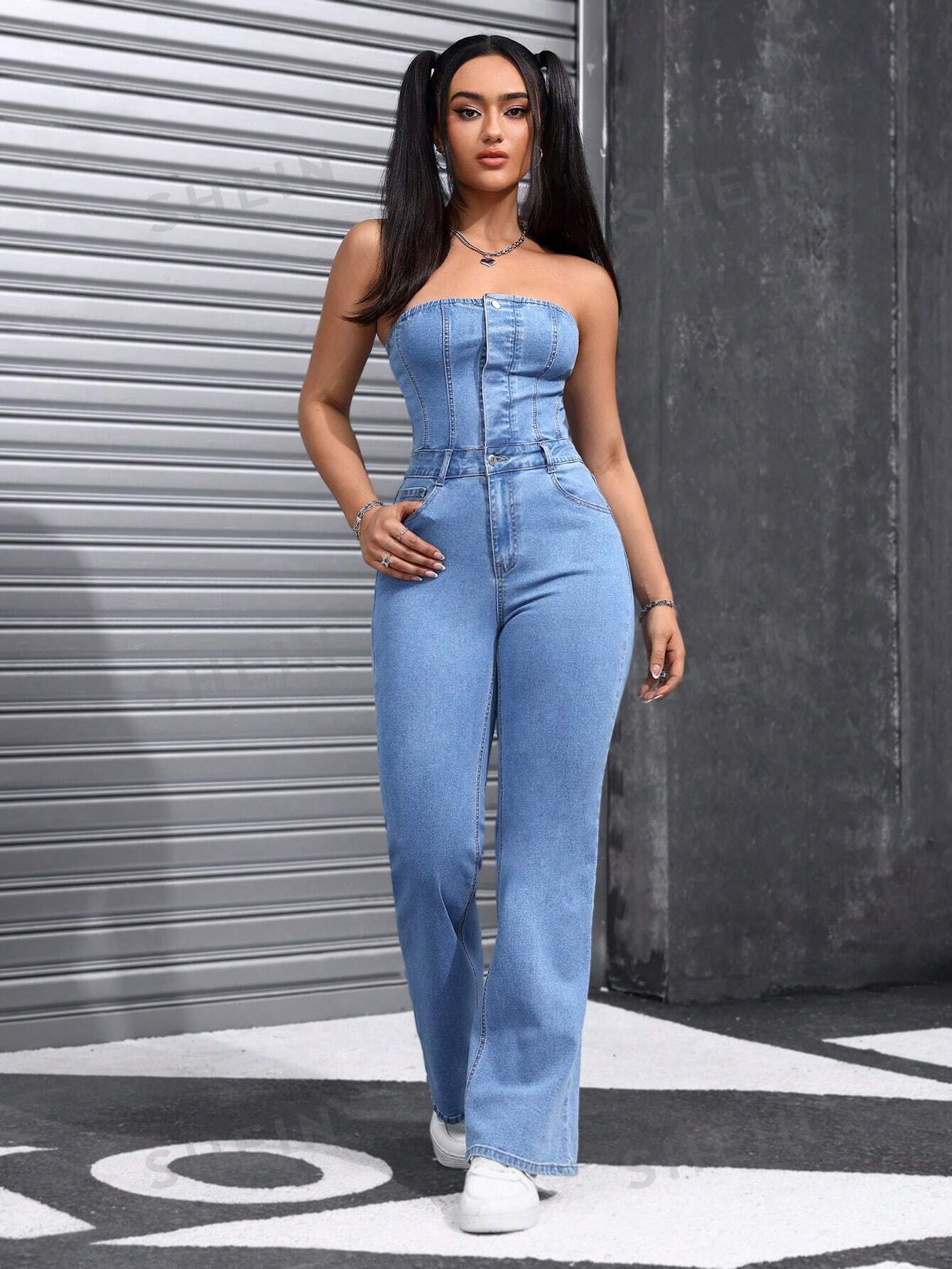 SHEIN EZwear Petos y monos de mezclilla para mujer