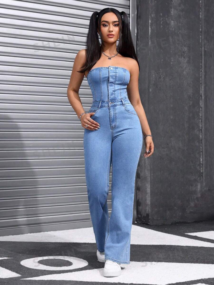 SHEIN EZwear Petos y monos de mezclilla para mujer