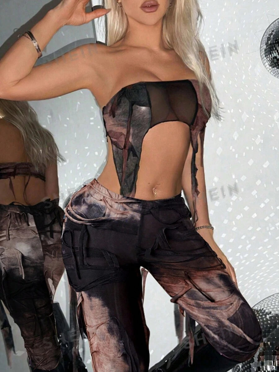 SHEIN ICON Conjunto de top tubo y pantalón largo asimétrico de red con estampado tie-dye para mujer, sexy y de verano