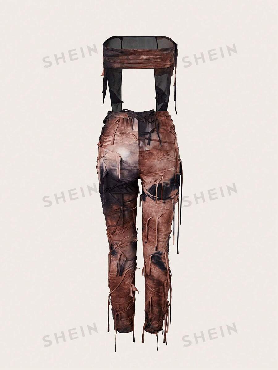 SHEIN ICON Conjunto de top tubo y pantalón largo asimétrico de red con estampado tie-dye para mujer, sexy y de verano
