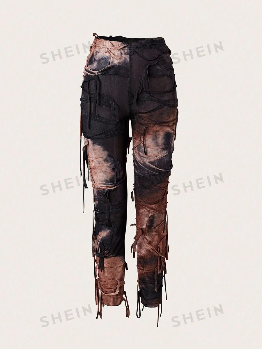 SHEIN ICON Conjunto de top tubo y pantalón largo asimétrico de red con estampado tie-dye para mujer, sexy y de verano