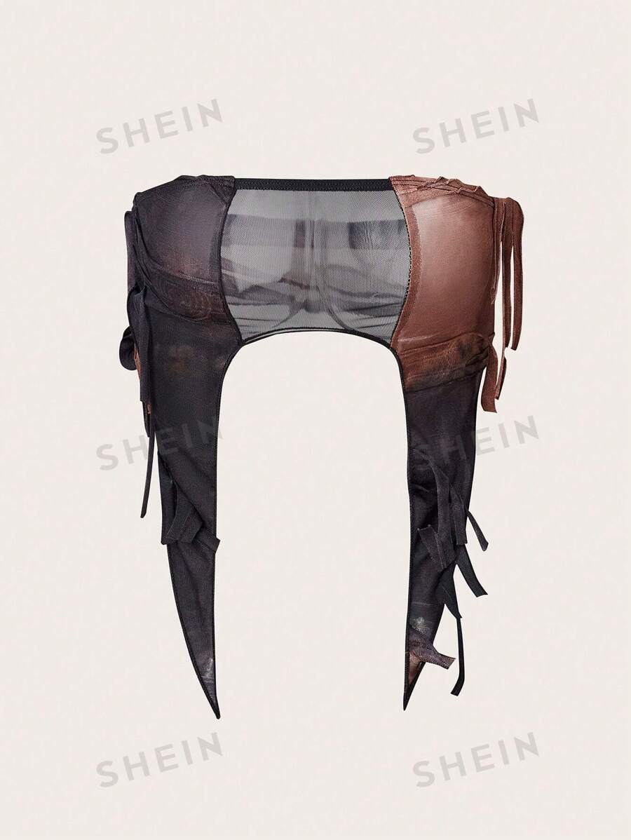 SHEIN ICON Conjunto de top tubo y pantalón largo asimétrico de red con estampado tie-dye para mujer, sexy y de verano