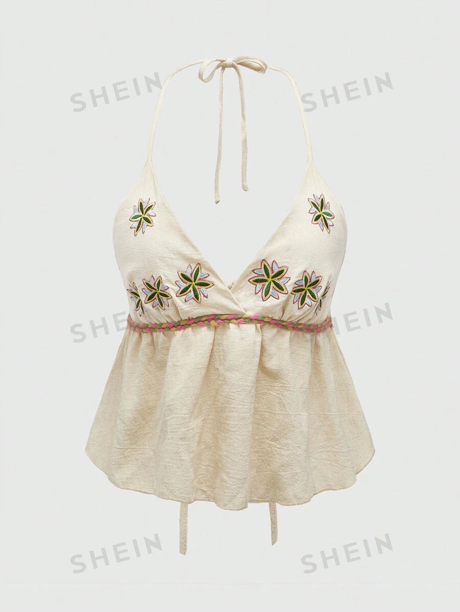ROMWE Hippie Camiseta sin mangas para mujer con tirantes bordados de muñeca de algodón hippie y lazo de moño