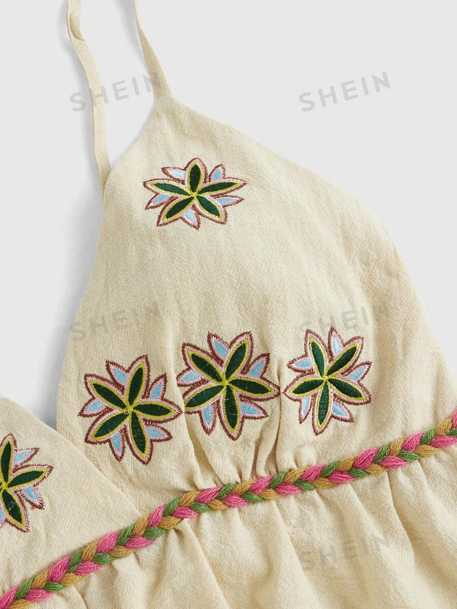 ROMWE Hippie Camiseta sin mangas para mujer con tirantes bordados de muñeca de algodón hippie y lazo de moño