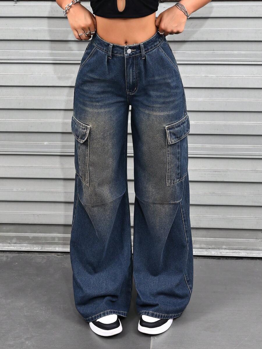 SHEIN ICON Pantalón de carga de mezclilla vintage elegante para mujer
