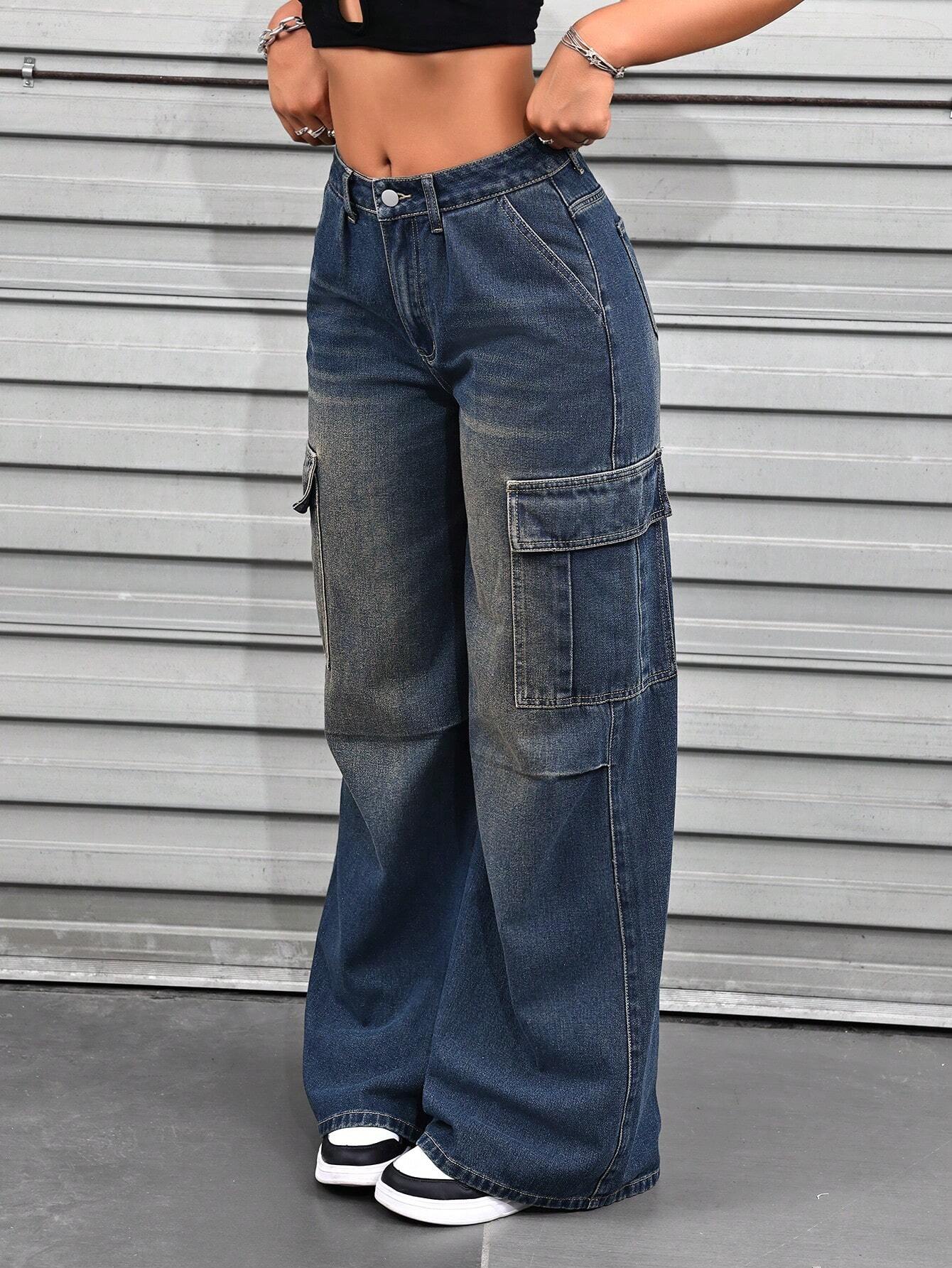SHEIN ICON Pantalón de carga de mezclilla vintage elegante para mujer