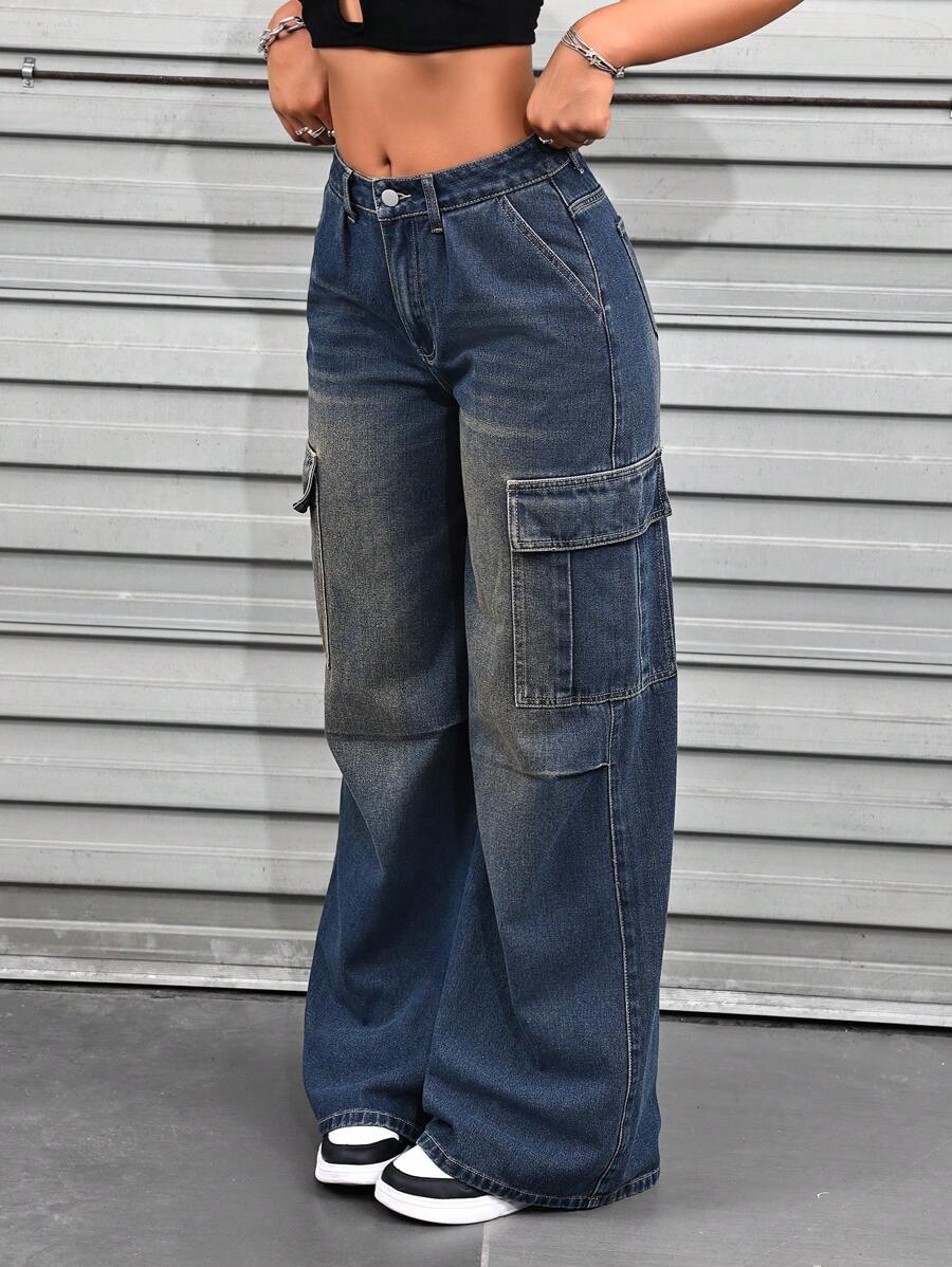SHEIN ICON Pantalón de carga de mezclilla vintage elegante para mujer