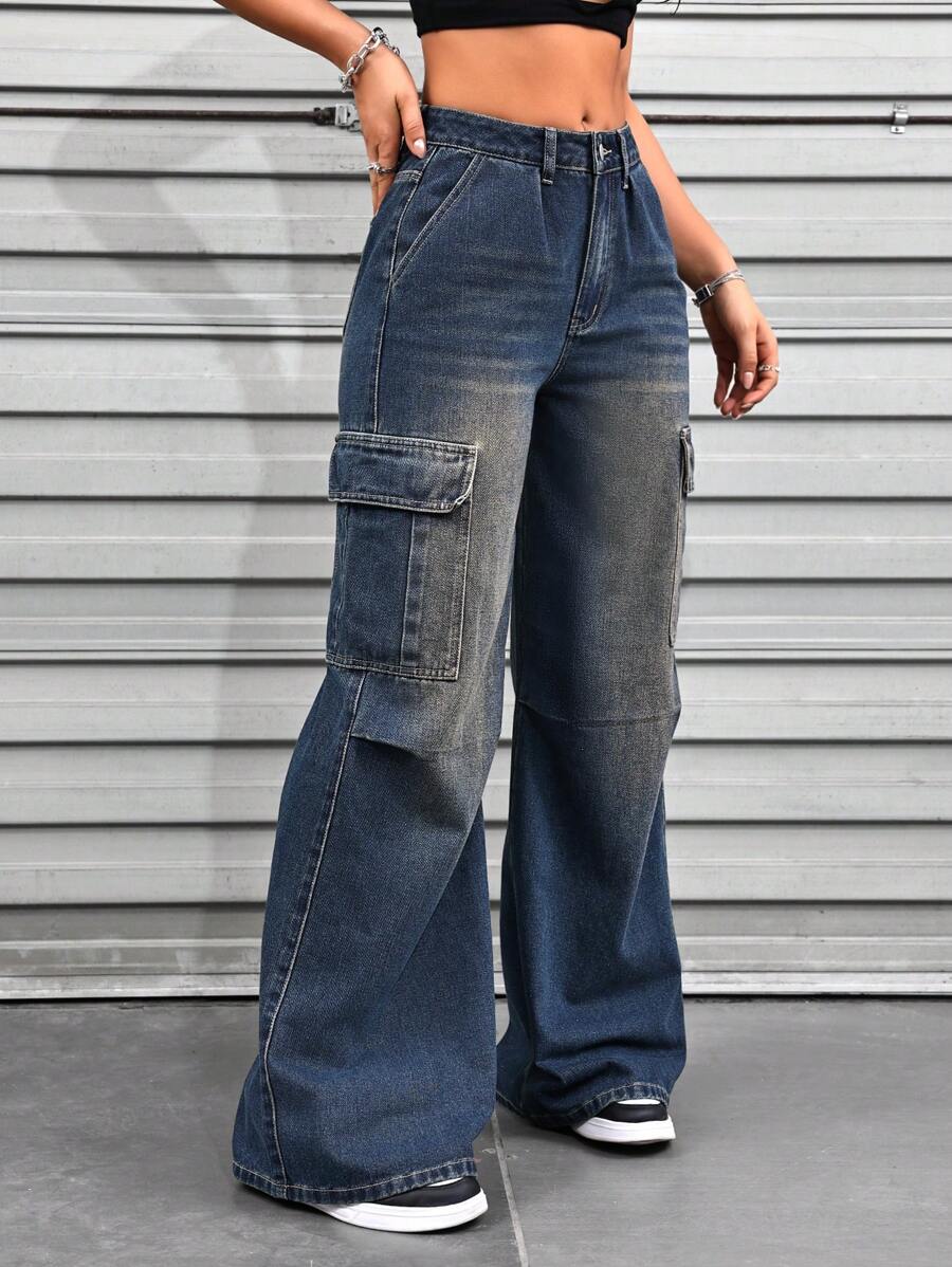 SHEIN ICON Pantalón de carga de mezclilla vintage elegante para mujer