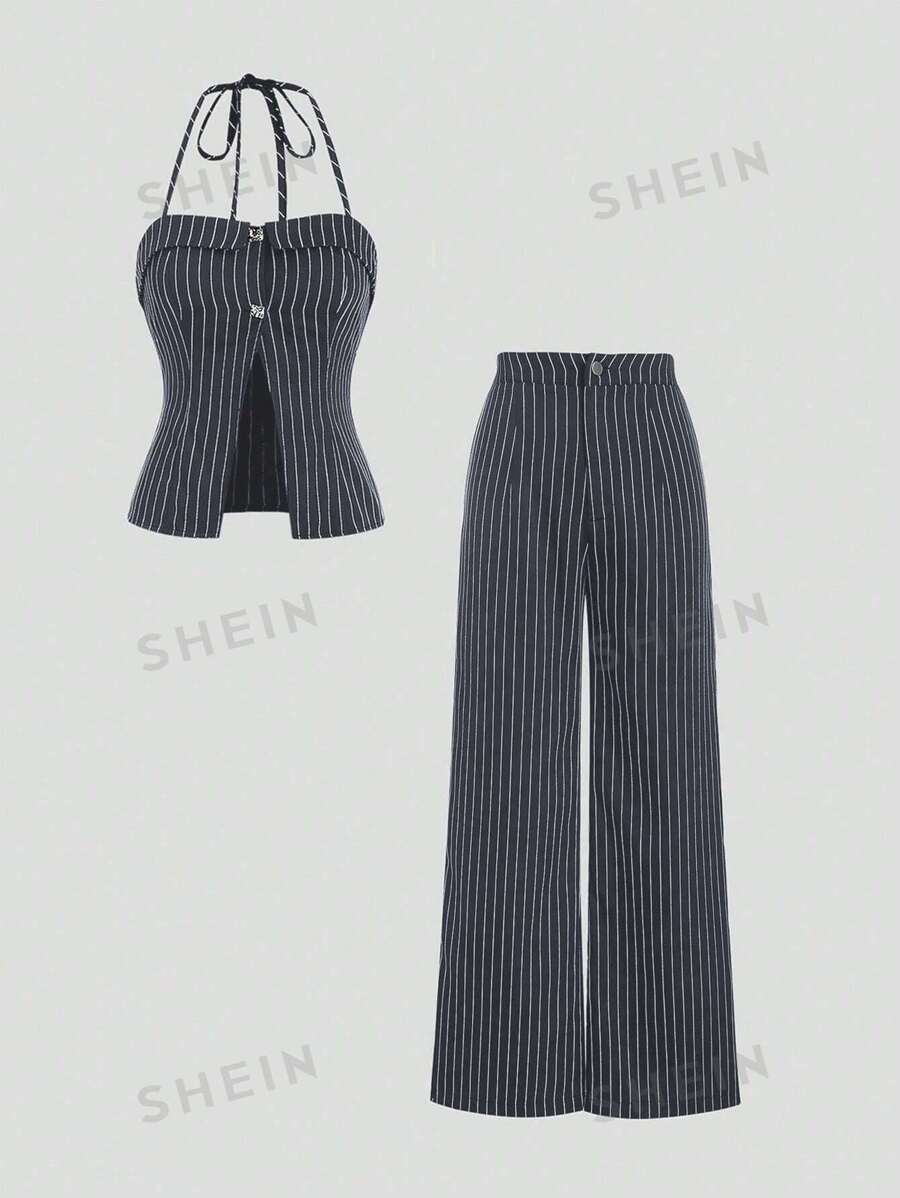 SHEIN MOD Conjunto casual de verano con parte superior sin mangas con cuello halter y pantalones largos estampados a rayas