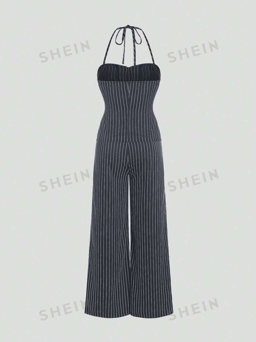 SHEIN MOD Conjunto casual de verano con parte superior sin mangas con cuello halter y pantalones largos estampados a rayas