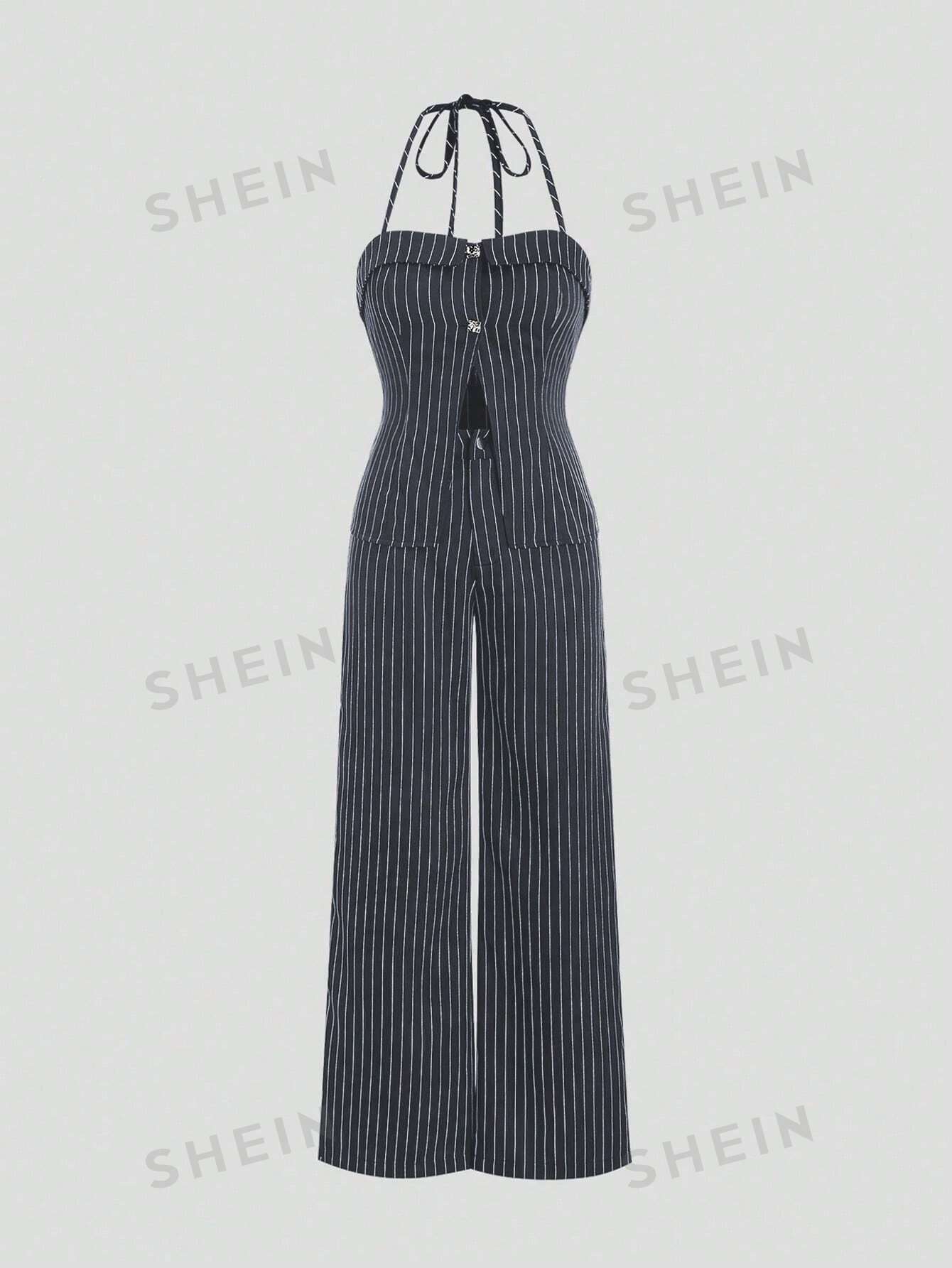 SHEIN MOD Conjunto casual de verano con parte superior sin mangas con cuello halter y pantalones largos estampados a rayas