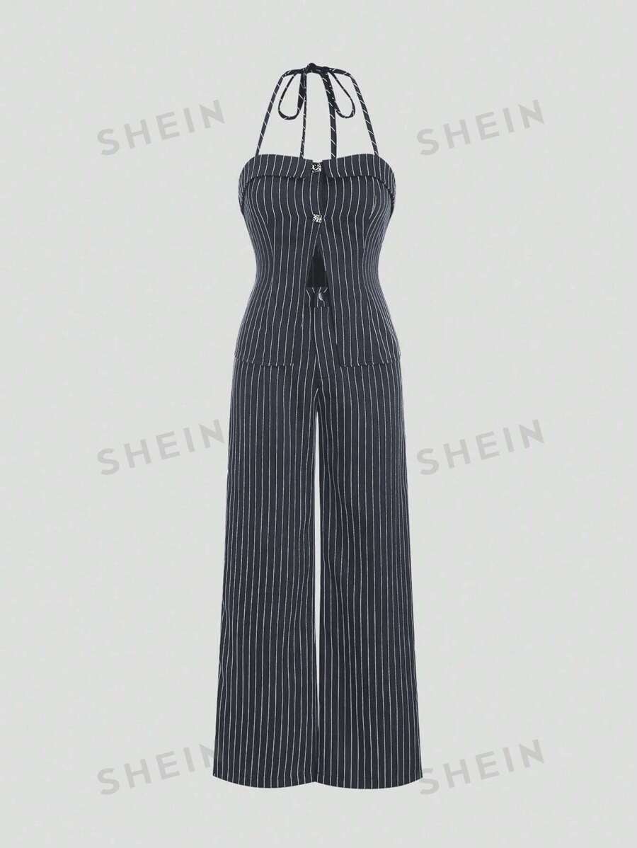 SHEIN MOD Conjunto casual de verano con parte superior sin mangas con cuello halter y pantalones largos estampados a rayas