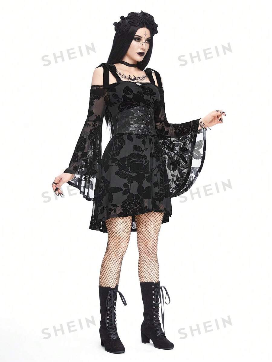 ROMWE Goth Vestido de oscilación esponjoso con estampado botánico y diseño fuera del hombro para mujer, con colgante de serpiente y mangas acampanadas
