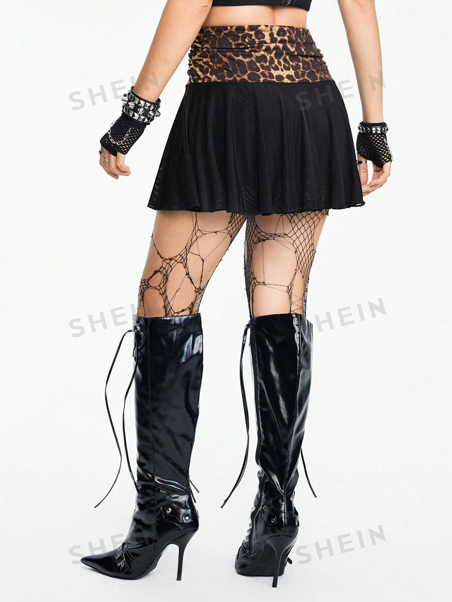 ROMWE Grunge Punk Falda de línea A para mujeres con mezcla de malla y estampado de leopardo, subcultura Y2K Shibuya Girl