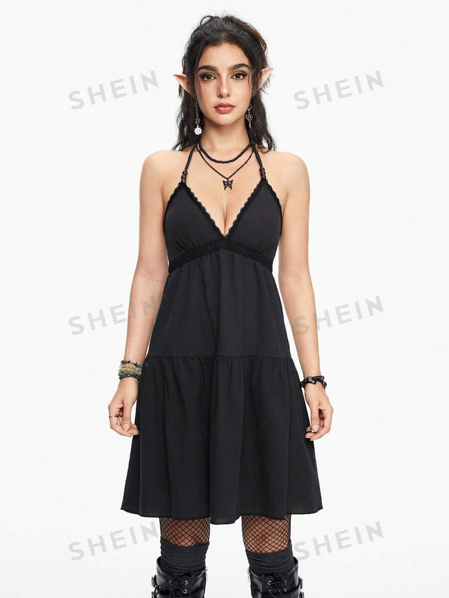 ROMWE Hippie Vestido a línea con cuello halter y dobladillo con volantes, solido de color, sin mangas y sexy, para el verano