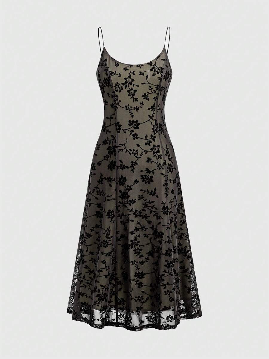 ROMWE Goth Vestido de estilo gótico victoriano con flores flocadas para mujer con tirantes de espagueti y cintura ajustada en línea A