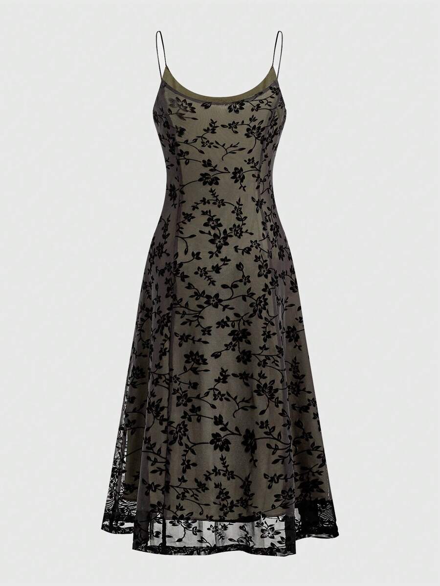 ROMWE Goth Vestido de estilo gótico victoriano con flores flocadas para mujer con tirantes de espagueti y cintura ajustada en línea A