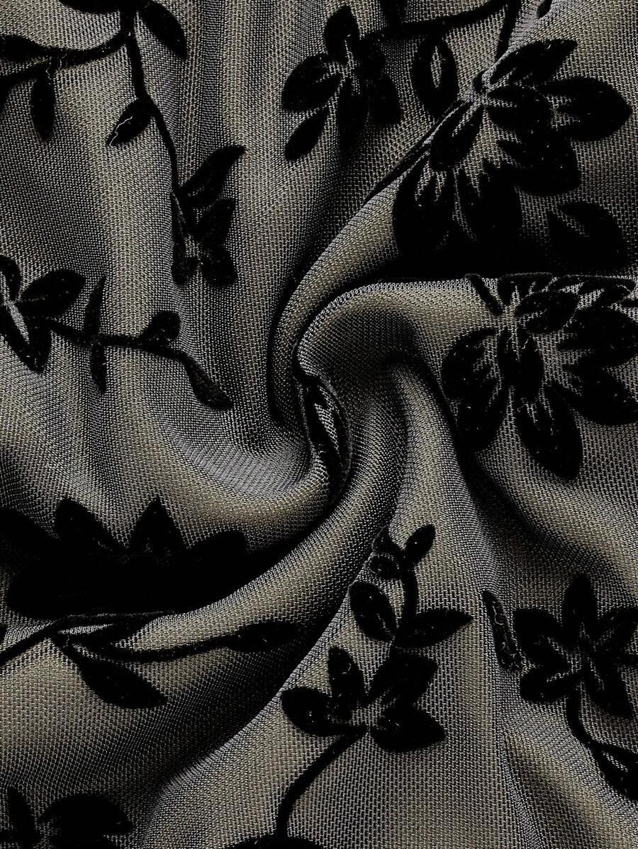 ROMWE Goth Vestido de estilo gótico victoriano con flores flocadas para mujer con tirantes de espagueti y cintura ajustada en línea A