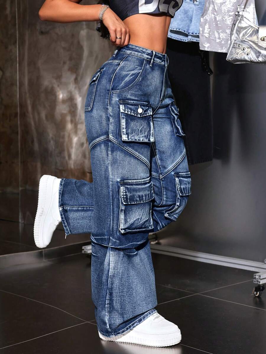 SHEIN ICON Jeans de mezclilla casuales con ajuste holgado para mujer, con varios bolsillos de utilidad para combinar con cualquier cosa