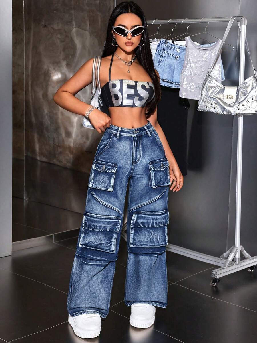 SHEIN ICON Jeans de mezclilla casuales con ajuste holgado para mujer, con varios bolsillos de utilidad para combinar con cualquier cosa