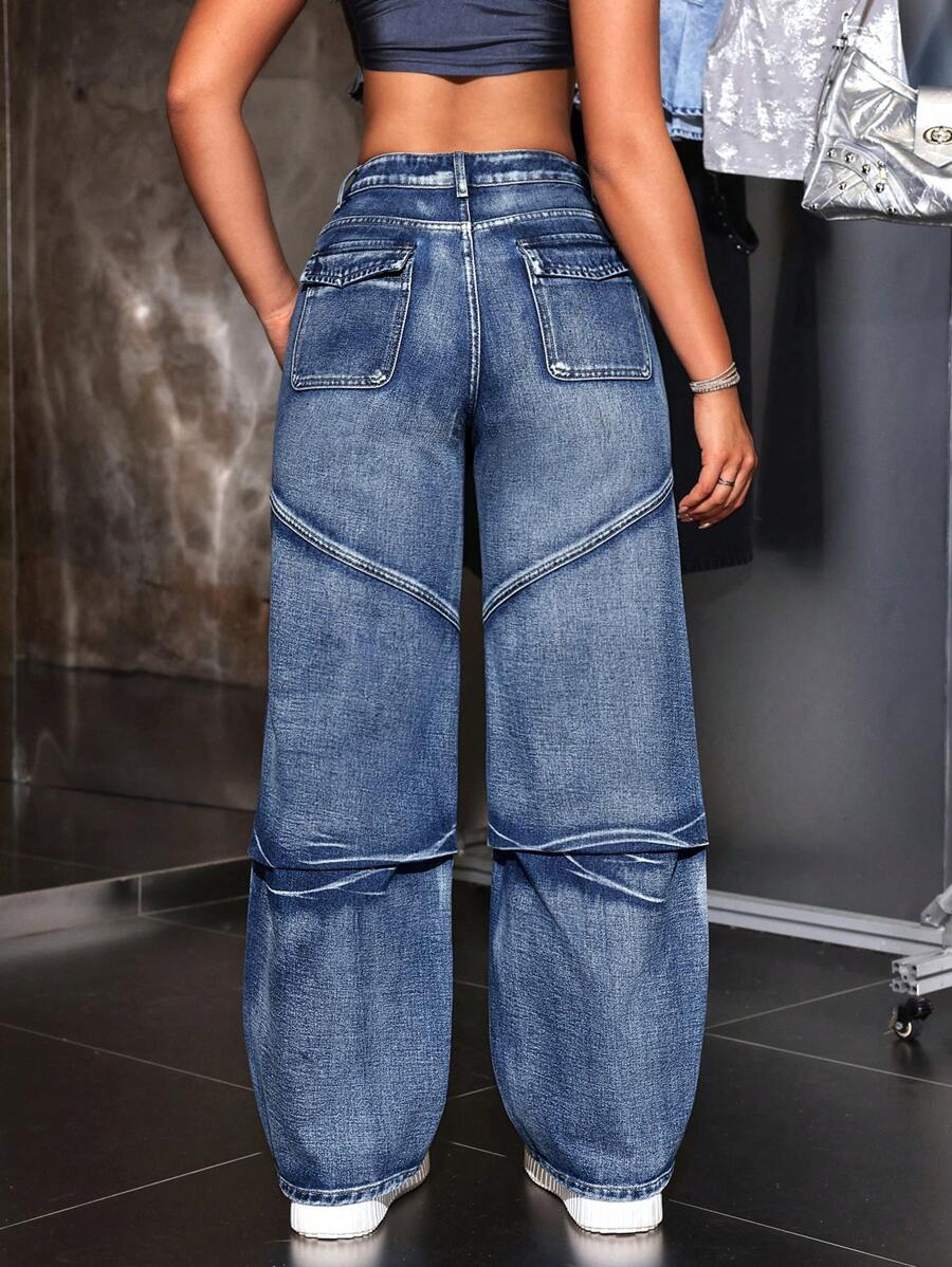 SHEIN ICON Jeans de mezclilla casuales con ajuste holgado para mujer, con varios bolsillos de utilidad para combinar con cualquier cosa