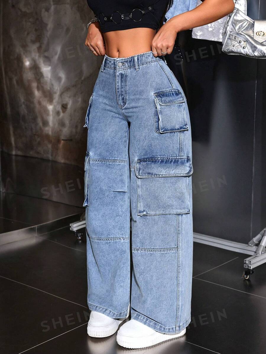 SHEIN ICON Jeans casuales sueltos de mujer con varios bolsillos de trabajo y diseño de pierna ancha