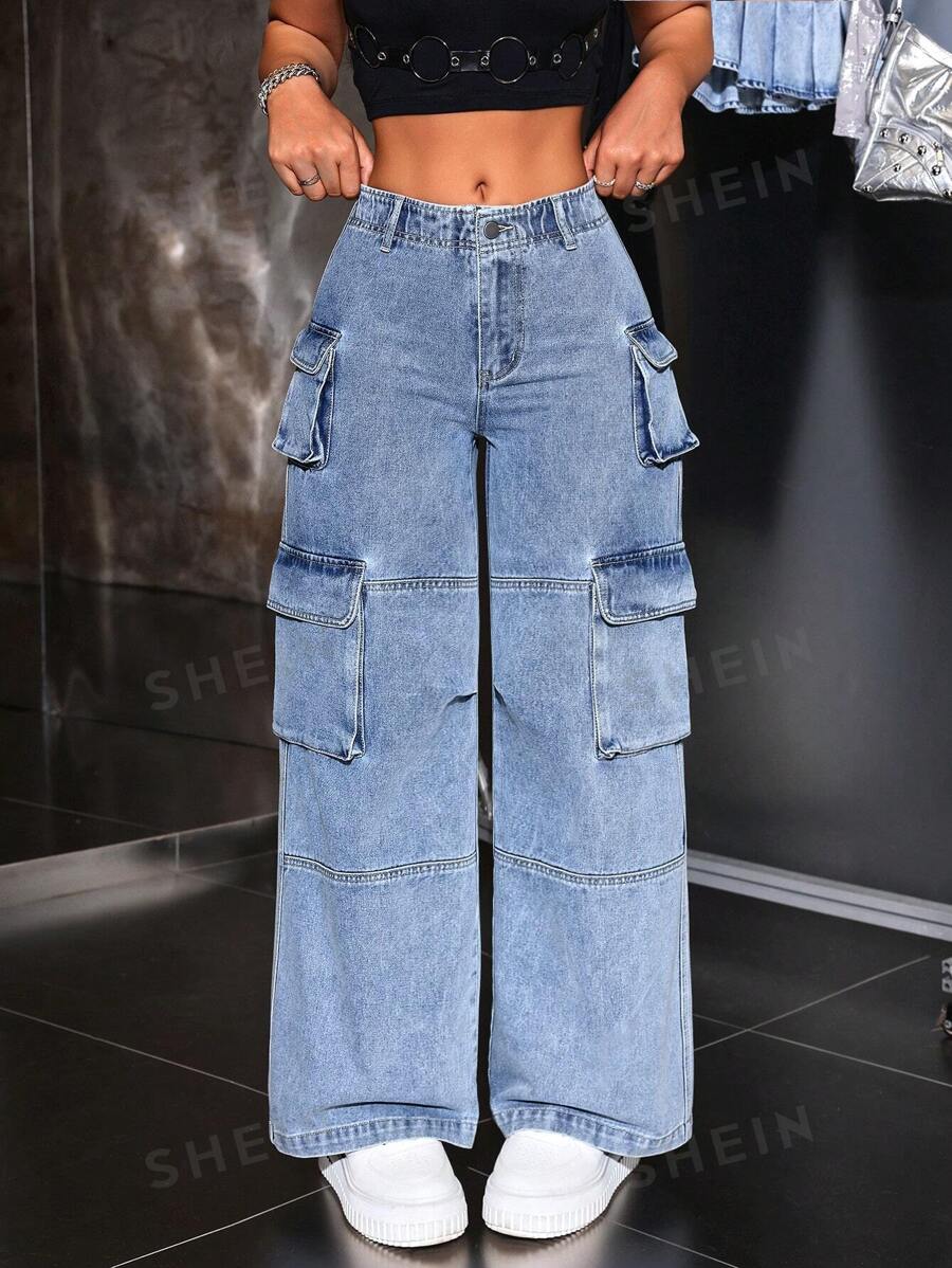 SHEIN ICON Jeans casuales sueltos de mujer con varios bolsillos de trabajo y diseño de pierna ancha