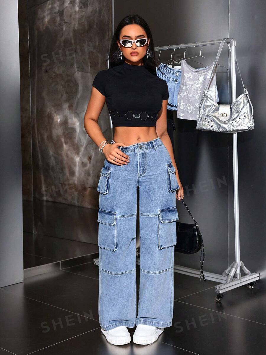 SHEIN ICON Jeans casuales sueltos de mujer con varios bolsillos de trabajo y diseño de pierna ancha