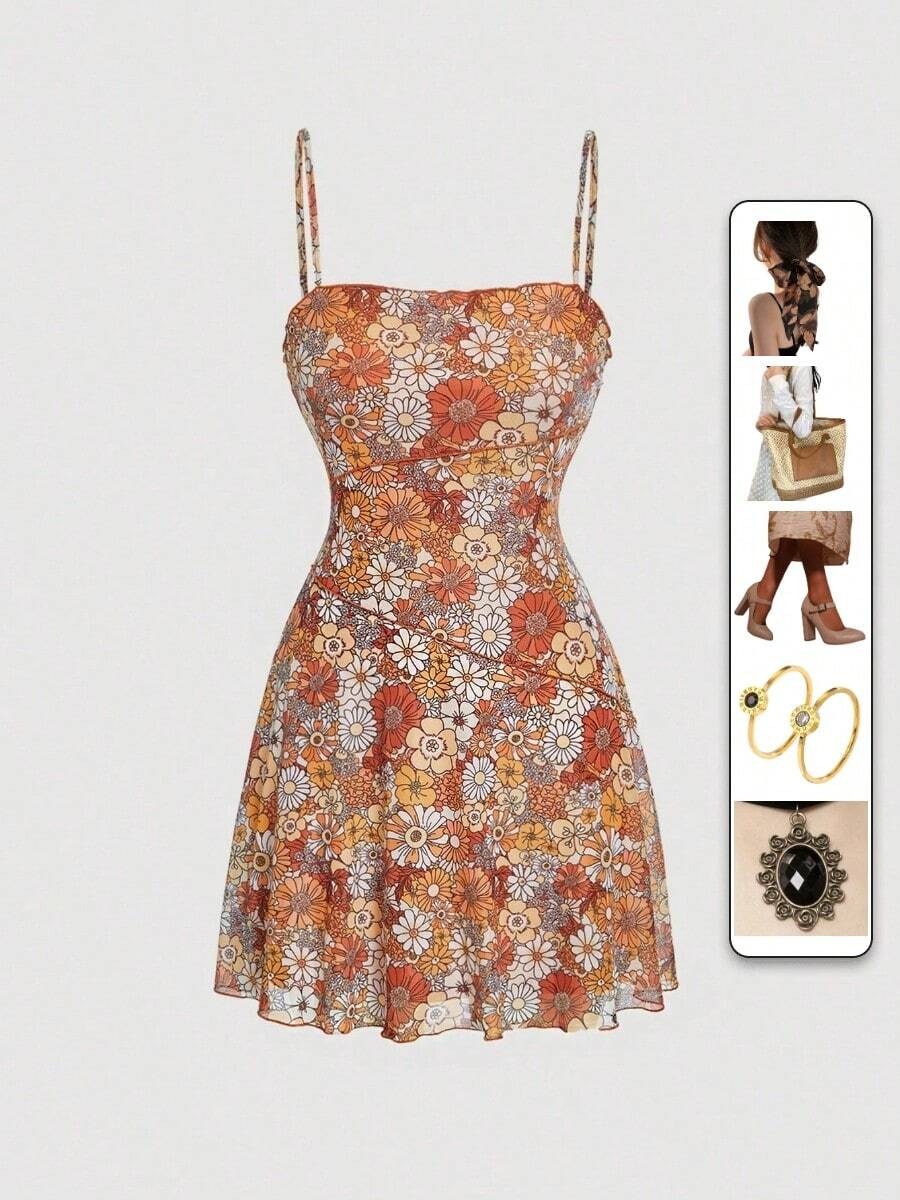 SHEIN MOD Vestido de tirantes con estampado floral bajo con fruncido