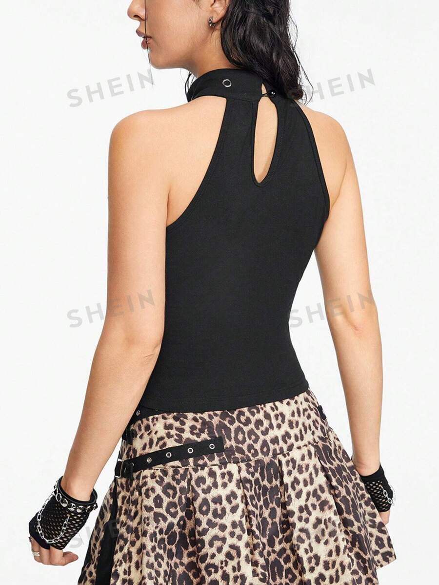 ROMWE Grunge Punk Chaleco de mujer tejido sin mangas estilo punk, sexy y con diseño unicolor de cuello alto y cruz oscuros con incrustaciones de rhinestone
