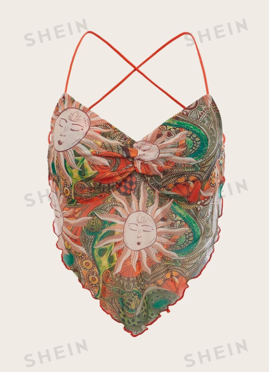 SHEIN ICON Top de tirantes con estampado de paisley & dibujos animados con tira cruzada de espalda abierta bajo pañuelo de malla