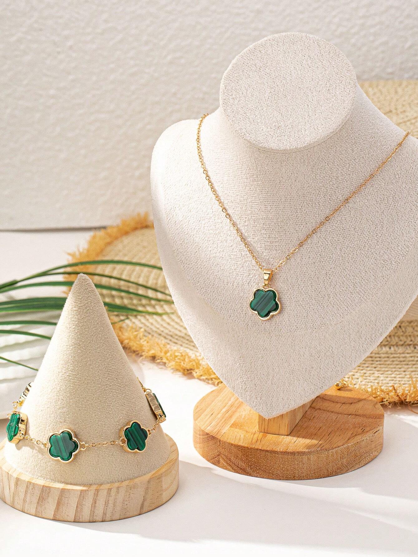 1 Conjunto De Collar De Dije Con Trébol De La Suerte Del Estilo De La Playa Y Pulsera Encantadores Y Modernos, Joyería Bohemia, Perfecto Regalo Del Día De La Madre Para Uso Diario Para Mujeres