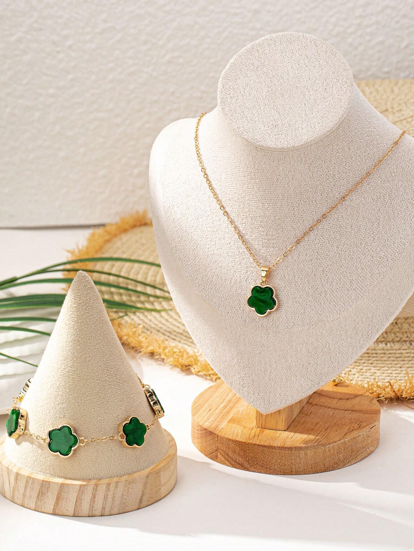 1 Conjunto De Collar De Dije Con Trébol De La Suerte Del Estilo De La Playa Y Pulsera Encantadores Y Modernos, Joyería Bohemia, Perfecto Regalo Del Día De La Madre Para Uso Diario Para Mujeres