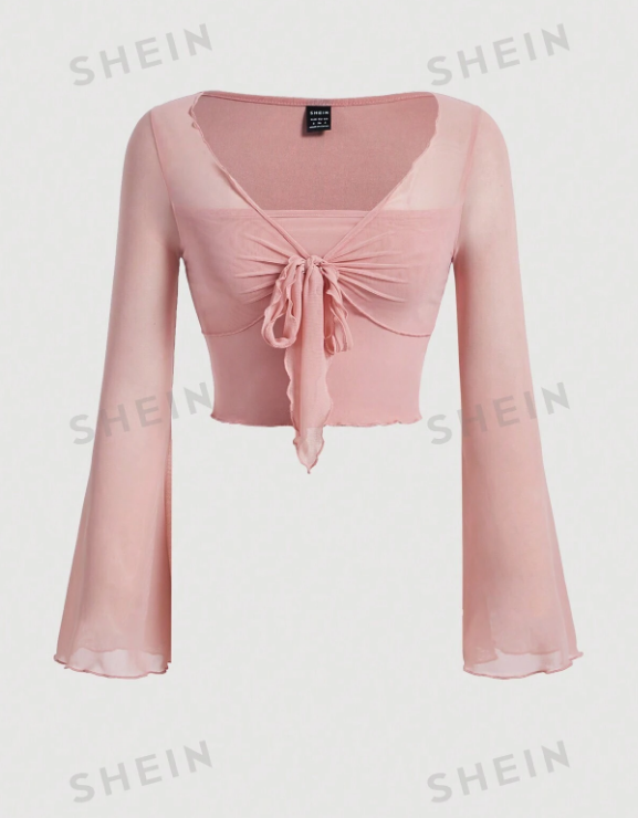 SHEIN MOD Camiseta Con Mangas Acampanadas Y Parte Delantera Anudada