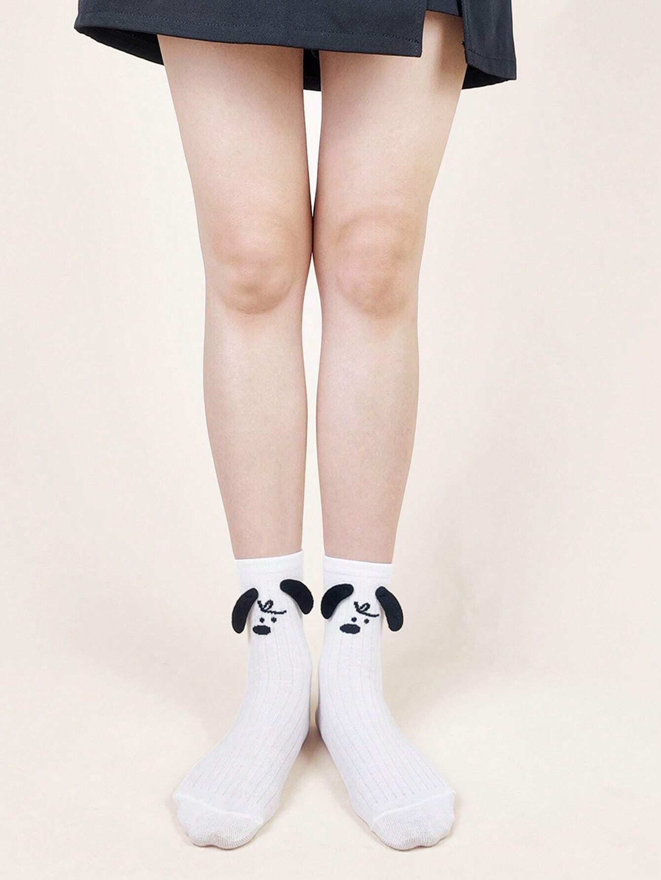 1 par dulce de mujeres blanco Calcetines hasta mitad de pantorrilla con 3d perro orejas , cuatro de moda Calcetines deportivos