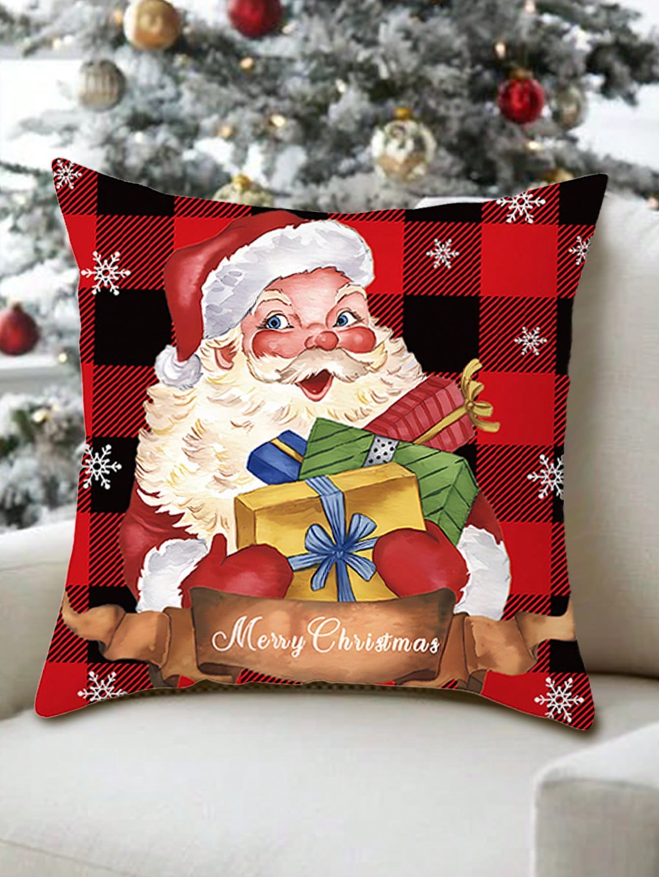 1 pieza 45*45cm Funda de cojín cuadrada de peluche de poliéster con decoración navideña de oso, Papá Noel y gato, serie navideña de fundas de almohada suaves para fiestas de Navidad, invierno, hogar, dormitorio