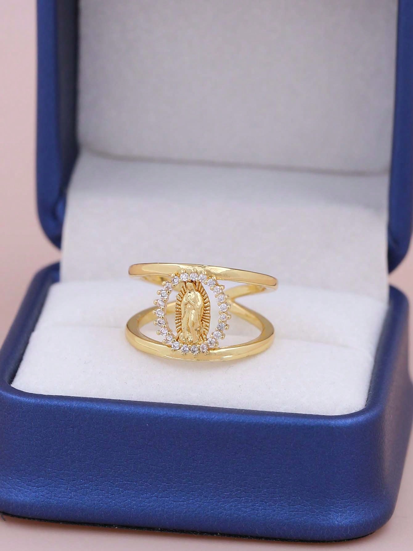 1 pieza Anillo ajustable para mujeres y hombres con retrato de la Virgen María, chapado en cobre con oro de 18 K e incrustado con circonia, de moda y sencillo, adecuado para el uso diario