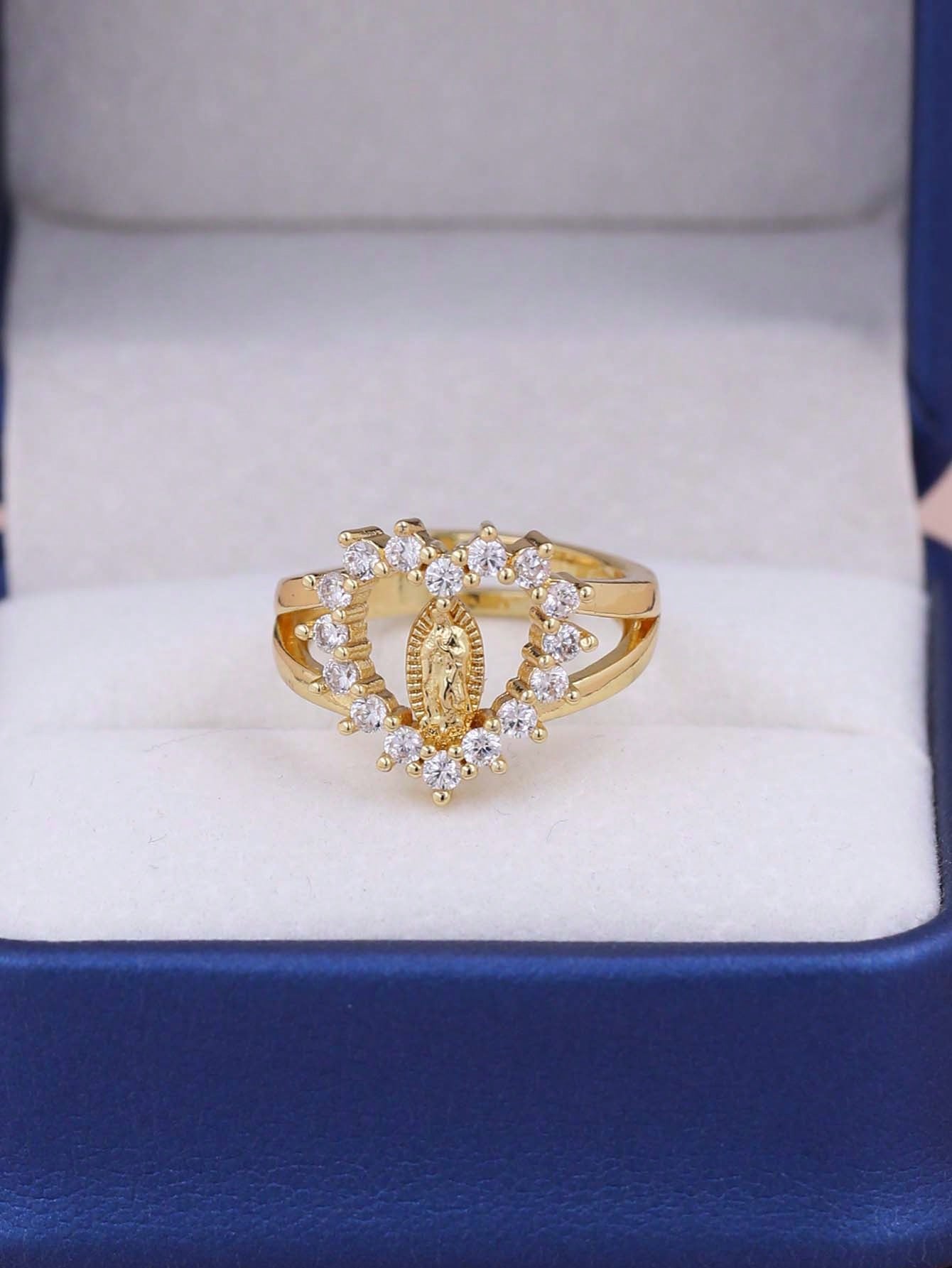 1 pieza Anillo ajustable para mujeres y hombres con retrato de la Virgen María, chapado en cobre con oro de 18 K e incrustado con circonia, de moda y sencillo, adecuado para el uso diario