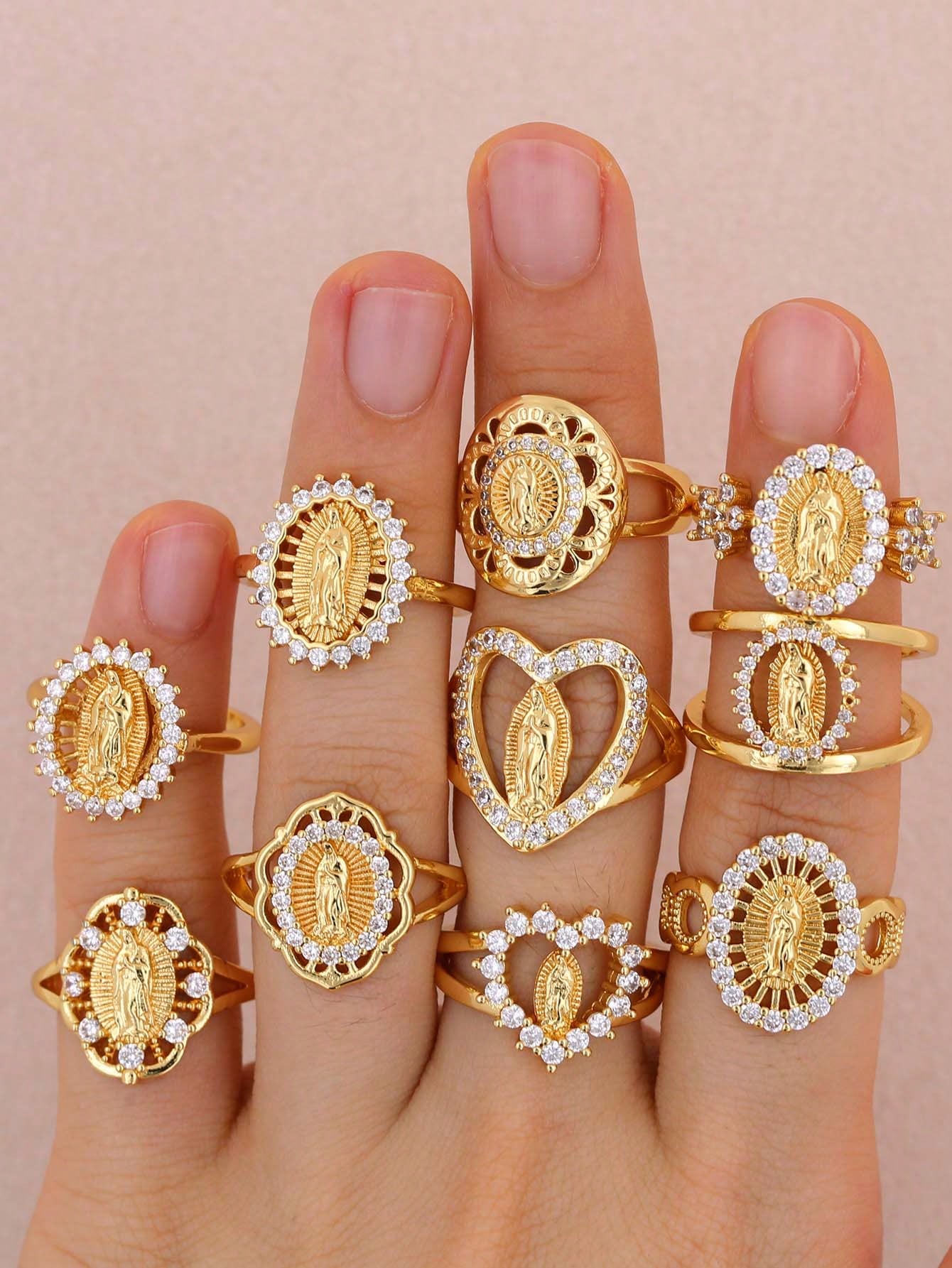 1 pieza Anillo ajustable para mujeres y hombres con retrato de la Virgen María, chapado en cobre con oro de 18 K e incrustado con circonia, de moda y sencillo, adecuado para el uso diario