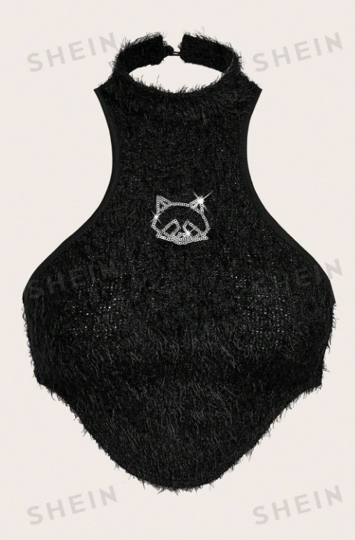SHEIN ICON Top halter animal con lentejuelas bajo asimétrico crop de peluche