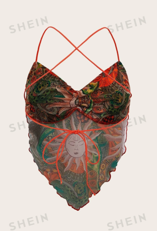 SHEIN ICON Top de tirantes con estampado de paisley & dibujos animados con tira cruzada de espalda abierta bajo pañuelo de malla