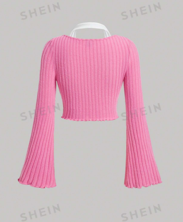 SHEIN MOD Camiseta crop de dos tonos ribete en forma de lechuga