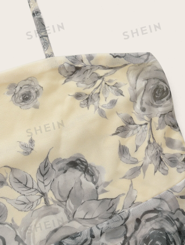 SHEIN ICON Top halter con estampado floral ribete en forma de lechuga de espalda abierta con cordón