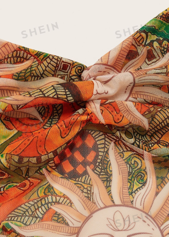 SHEIN ICON Top de tirantes con estampado de paisley & dibujos animados con tira cruzada de espalda abierta bajo pañuelo de malla