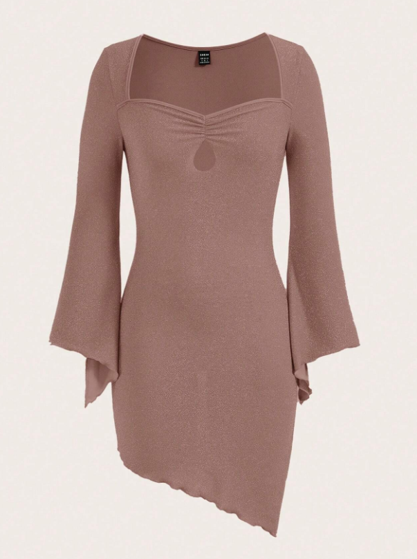SHEIN ICON Vestido ajustado con abertura delantera manga de campana ribete en forma de lechuga brillante mujer