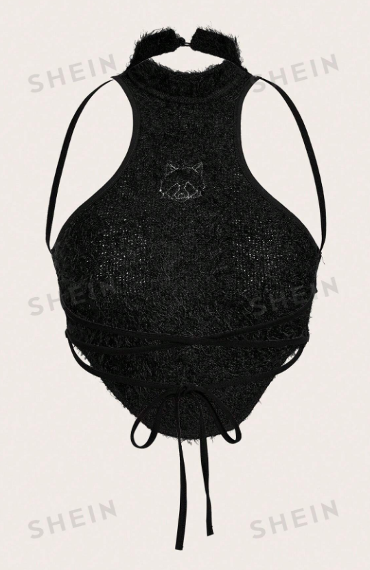 SHEIN ICON Top halter animal con lentejuelas bajo asimétrico crop de peluche