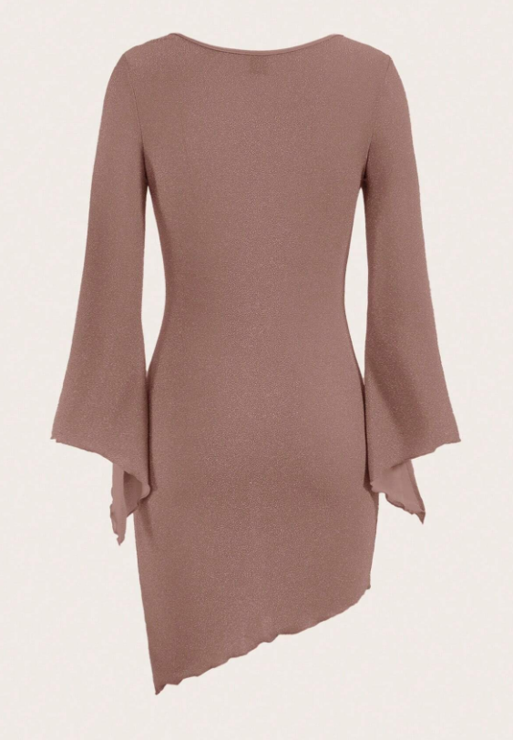 SHEIN ICON Vestido ajustado con abertura delantera manga de campana ribete en forma de lechuga brillante mujer