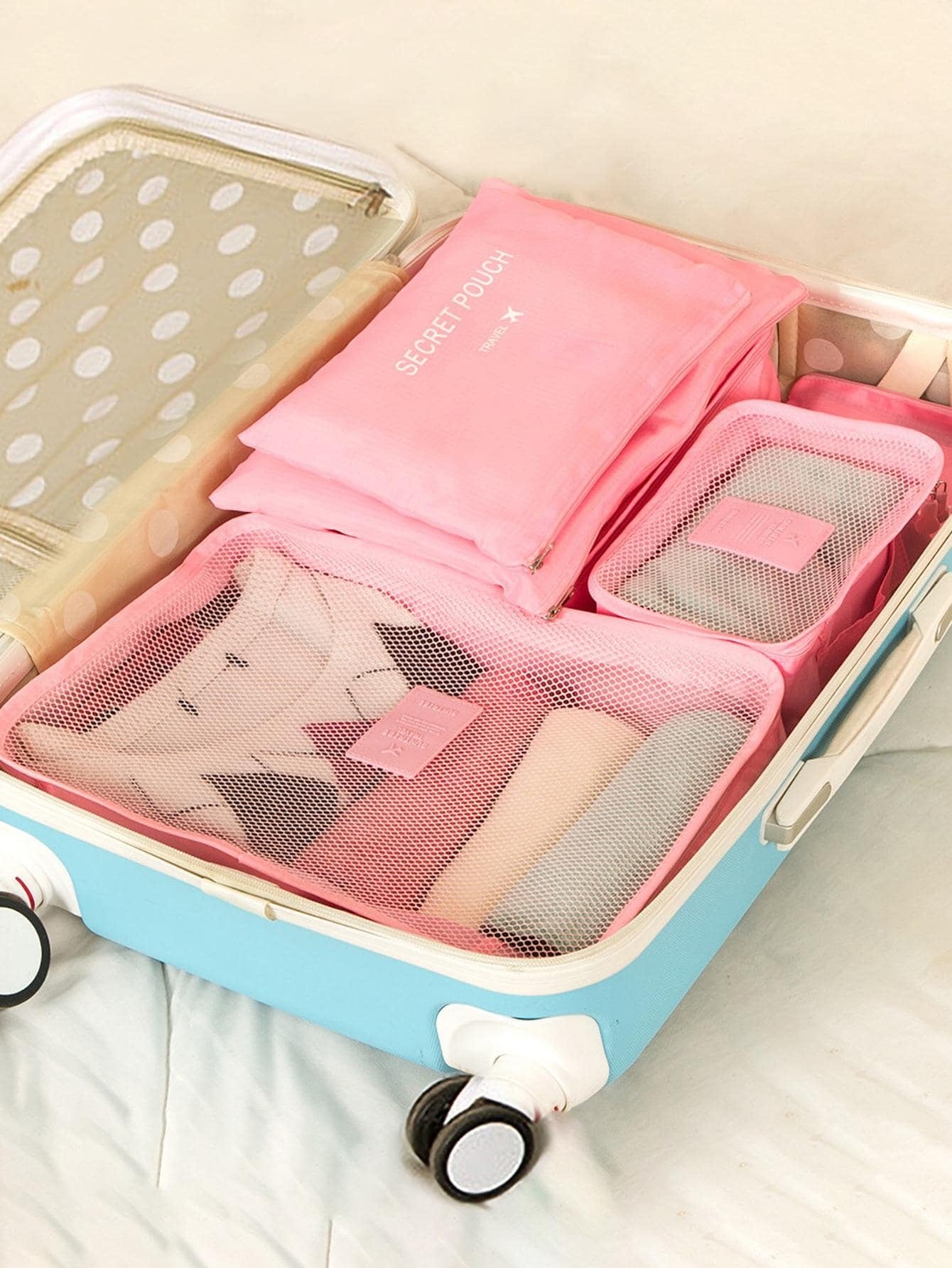 6 piezas Bolsa de almacenamiento con gráfico de letras para viaje, bolsa de maquillaje, bolsa de cosméticos, organizador de vacaciones, organizador de maquillaje de gran capacidad, estuche de maquillaje, para lápiz labial, pincel, cuidado de la piel