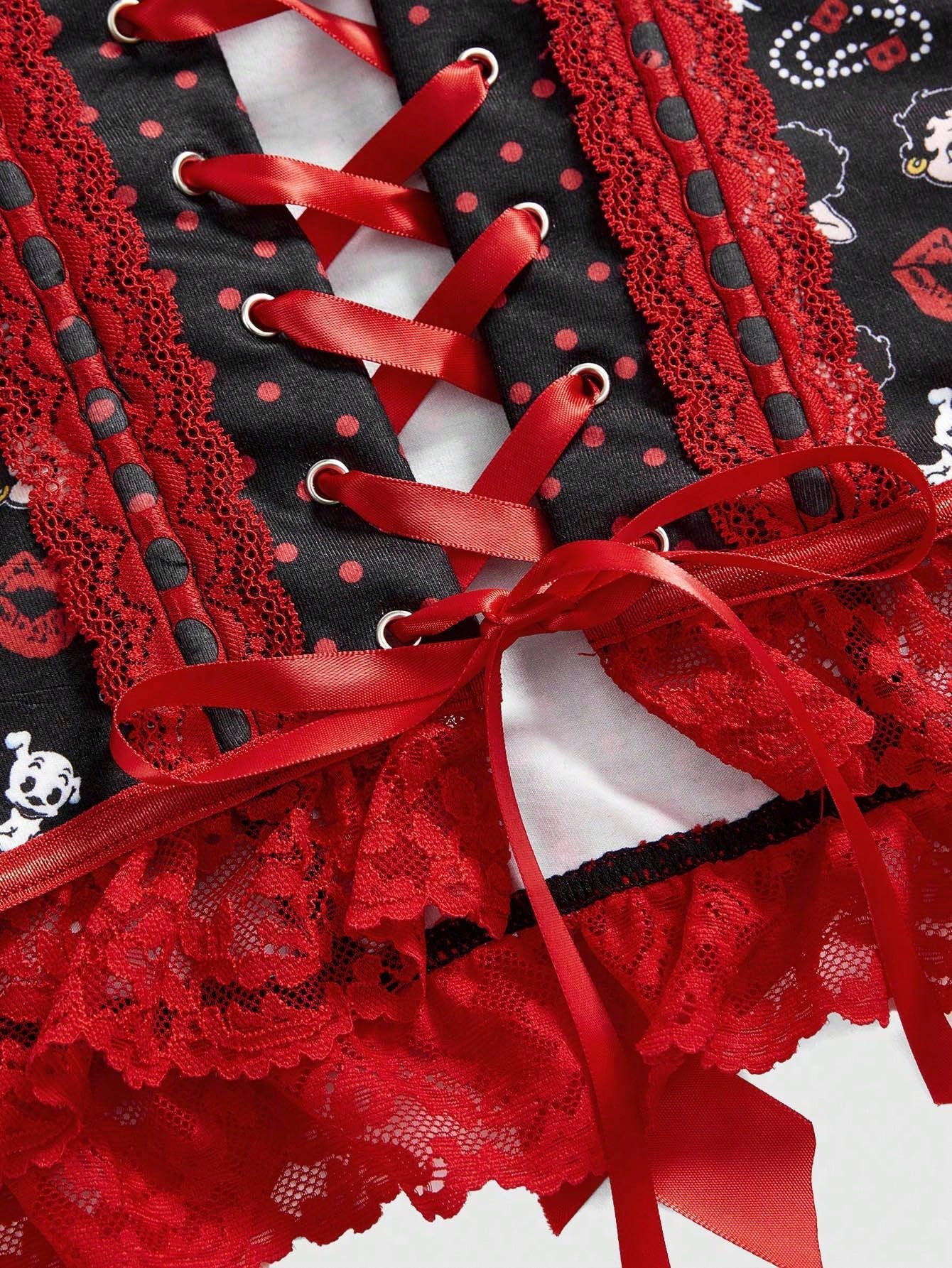 Betty Boop | ROMWE Top corto con encaje de contraste y estampado de Betty, estilo dulce y picante Y2K para mujeres